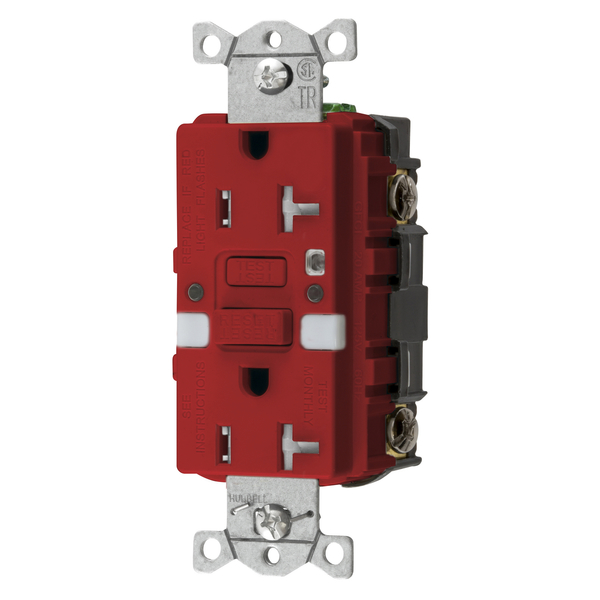 Hubbell Wiring Device-Kellems Power Protection Products, Receptacles, GFCI, Commercial Grade, Self Test, 20A 125V, 2-Pole 3-Wire Grounding, 5- 20R, With Nightlight, Red GFTRST20RNL